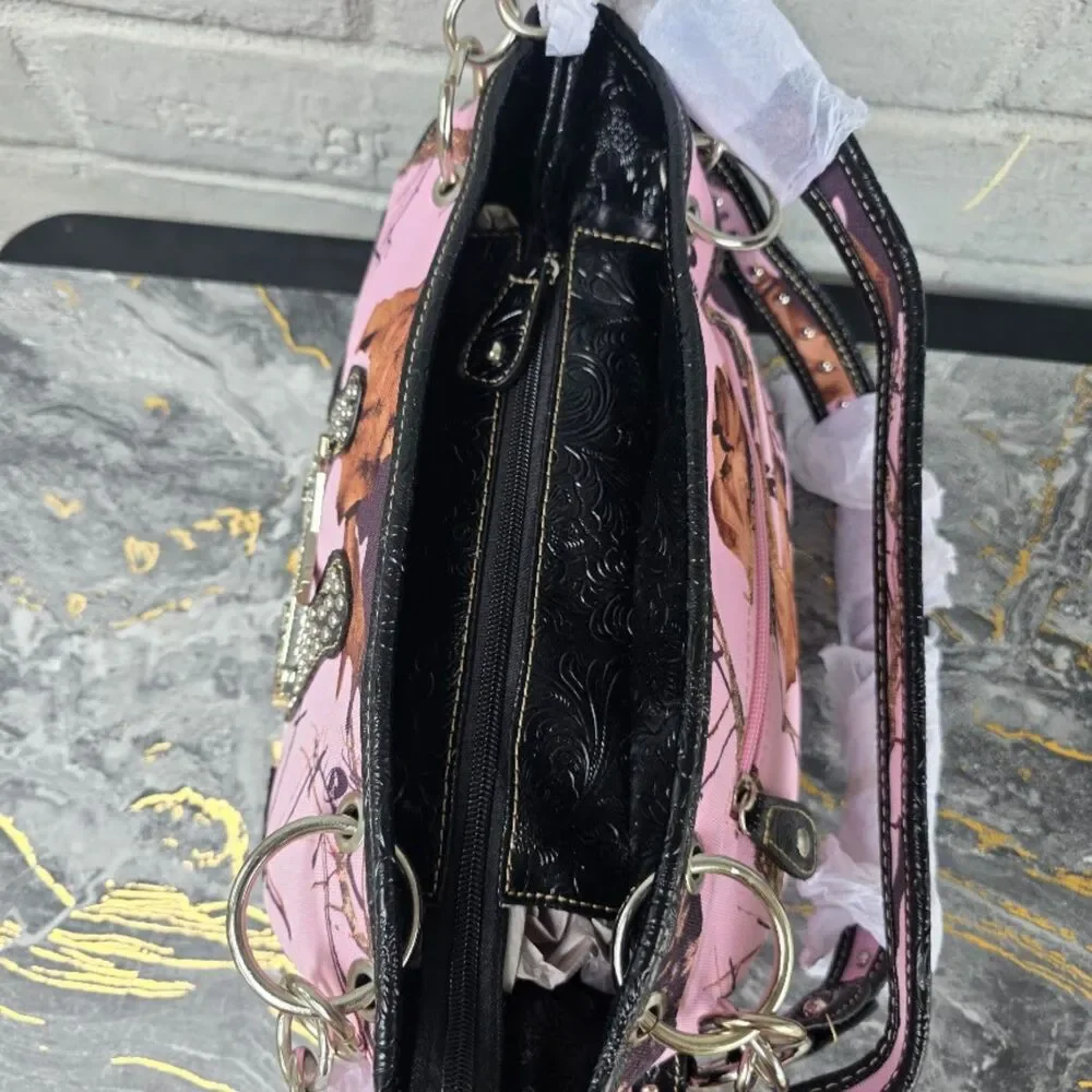 Mossy Oak Pink Camo Rhinestone Horseshoe Crossed Pistols